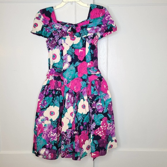 Vintage 90s Jewel Tone Floral Bow Cocktail Dress - Picture 1 of 8